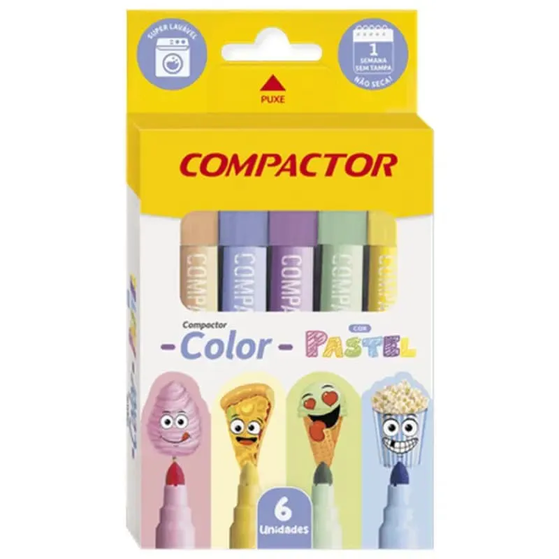 CANETA HIDROCOR COLOR TOM PASTEL ESTOJO COM 06 CORES COMPACTOR (002876000) | COMPACTOR